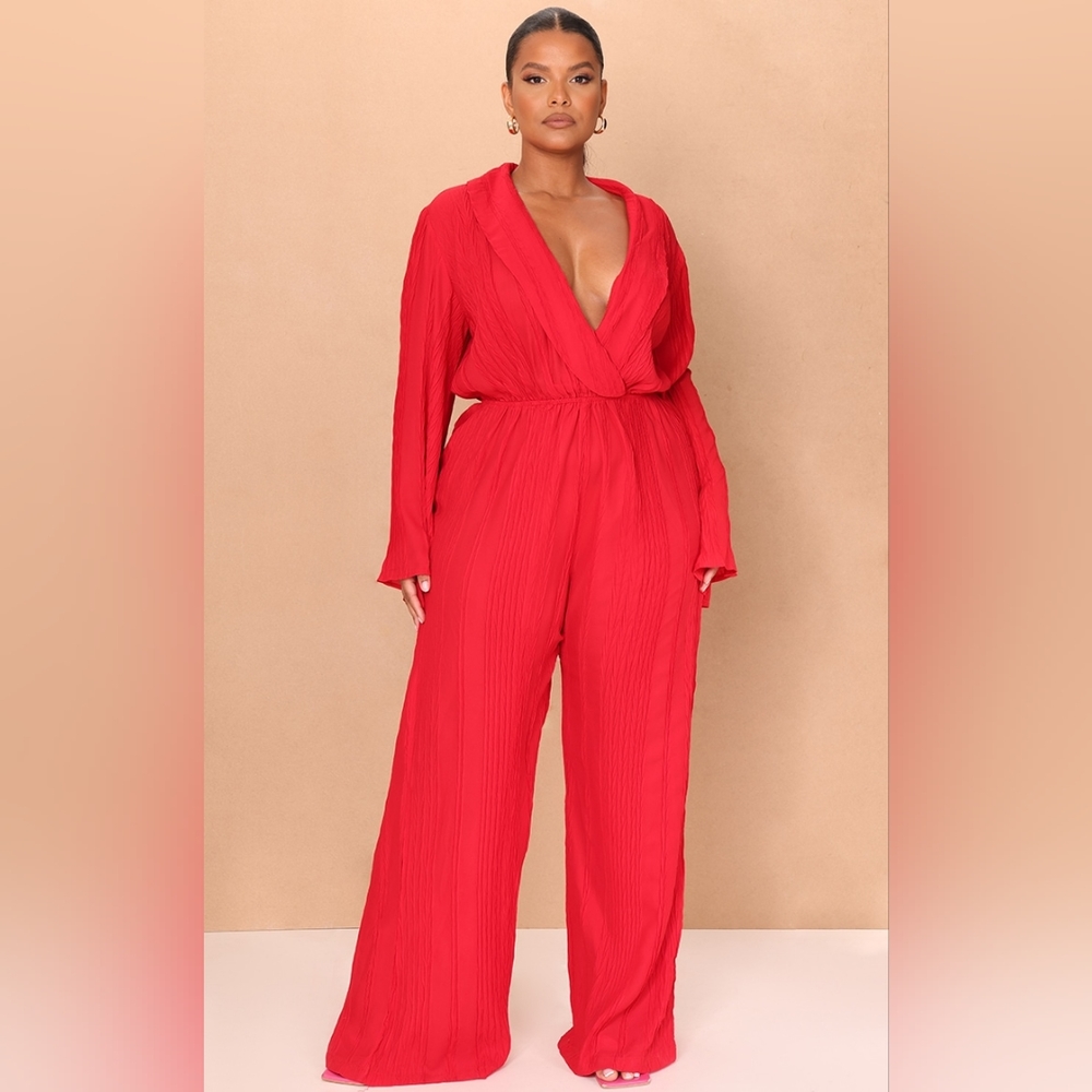 Plus Red Textured Wide Leg Jumpsuit
